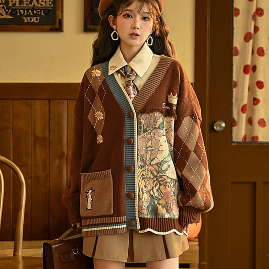 Kawaii Cartoon Embroidery Cardigan Women Vintage Jk Uniform Sweater Coat Autumn Girls Loose Y2k Knitted Tops Sueters De Mujer Good Vibrations