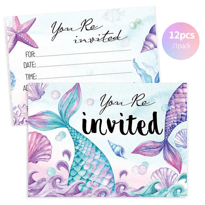 12pcs Mermaid Invitation Cards, Double-Sided Birthday Party Invites, Underwater Theme Party Decorations Supplies Good Vibrations