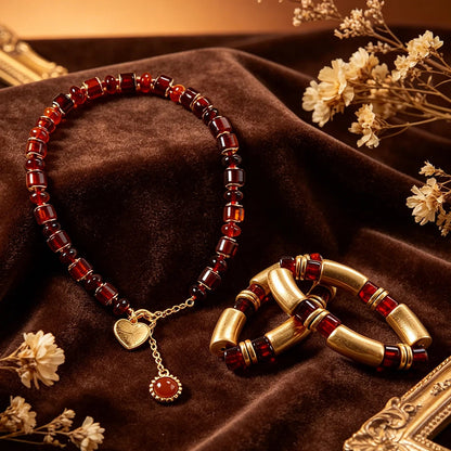 Women's Amber Tone Beaded Jewelry Set with Gold Tone Charms - Statement Necklace And Stackable Bracelets for Everyday Use Good Vibrations