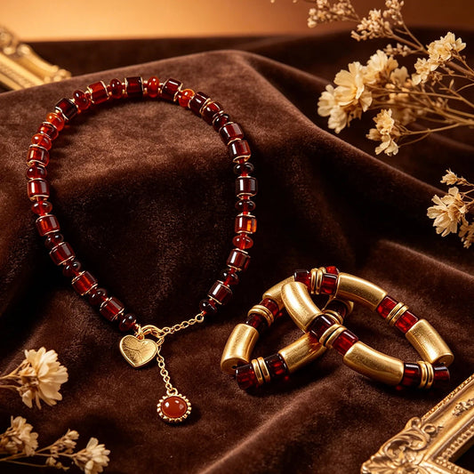 Women's Amber Tone Beaded Jewelry Set with Gold Tone Charms - Statement Necklace And Stackable Bracelets for Everyday Use Good Vibrations