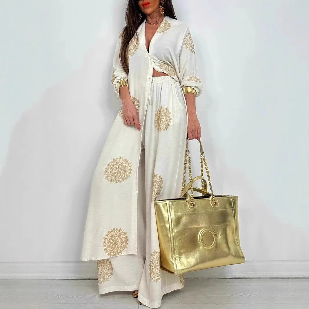 Robe Outfit Vintage Bohemia Loose Long Printed Robe Set Casual Button Shirt Blouses Wide Legs Pants Oversized Two-piece Outfit Good Vibrations