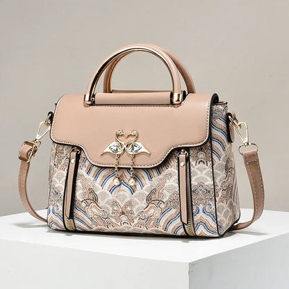 Embroidered Color-Block Handbag Women's Trendy Crossbody Bag Elegant Top-Handle Purse Fashionable Designer Shoulder Bag Lady Good Vibrations