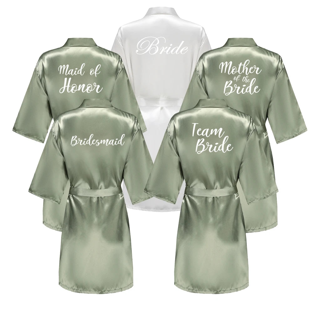 Grass Green Women's White Letter Bride Bridesmaid Short Satin Robes for Wedding Party Getting Ready Good Vibrations