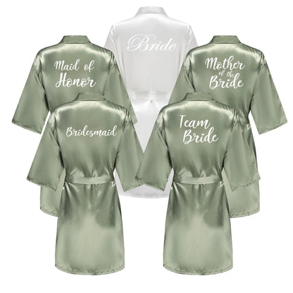 Grass Green Women's White Letter Bride Bridesmaid Short Satin Robes for Wedding Party Getting Ready Good Vibrations