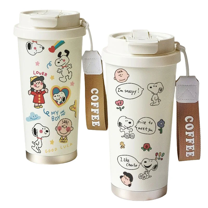 Cartoon Cute Snoopy Anime Peripheral Thermos Cup Women's Heart Stainless Steel Large Capacity Coffee Cup Straw Water Cup Gift Good Vibrations