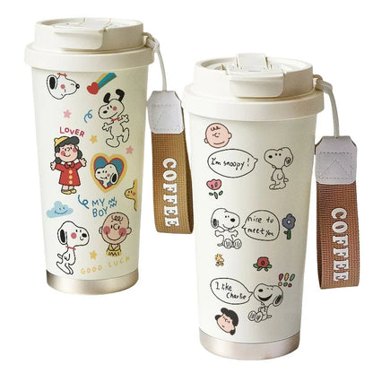 Cartoon Cute Snoopy Anime Peripheral Thermos Cup Women's Heart Stainless Steel Large Capacity Coffee Cup Straw Water Cup Gift Good Vibrations