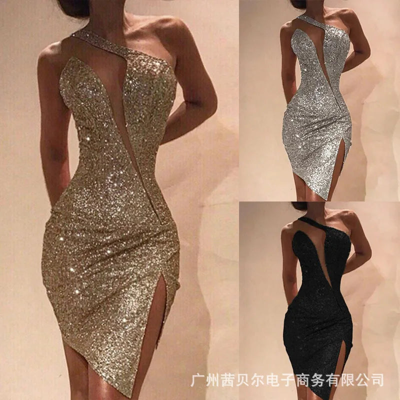 Fashion Sexy Womens Dresses 2023 New One Shoulder Split Dress Womens Sleeveless Dress Good Vibrations