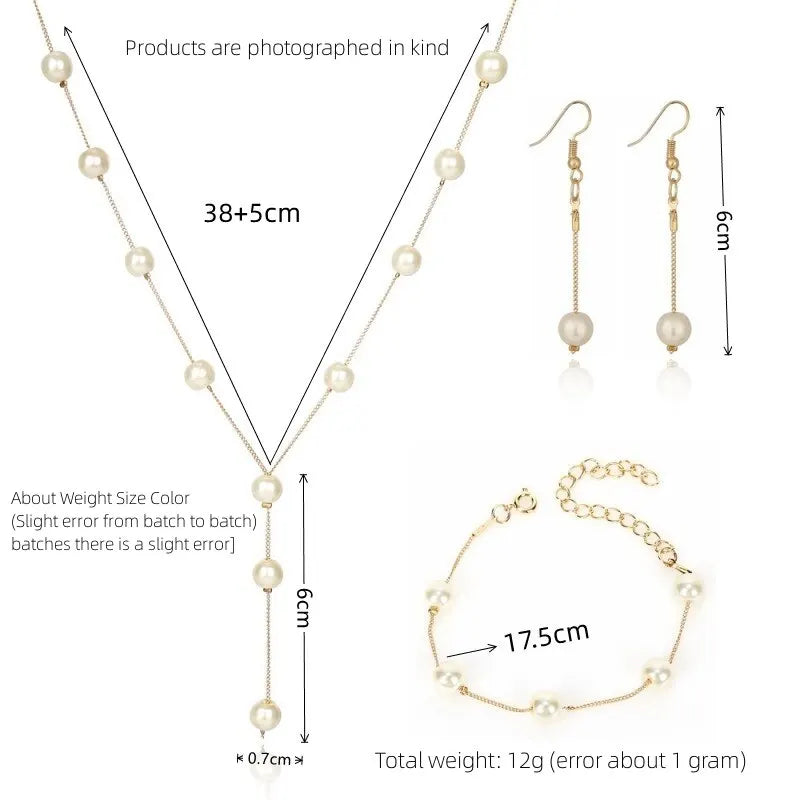 4pcs Gold-color Necklace Earring Bracelet Set Ladies Elegant Imitation-Pearls Collection Temperament Tassel Jewelry Good Vibrations Adult Super Store