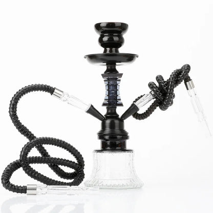 Ceramic hookah set with two tubes, glass base, and black finish, ideal for travel and home decoration.
