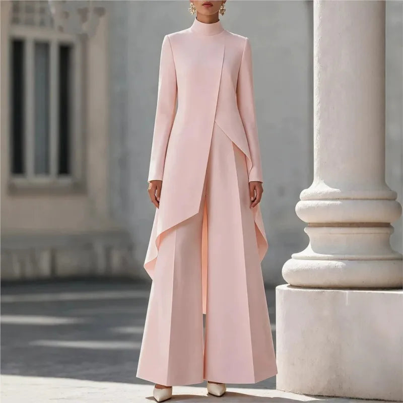 Woman's Autumn Stand Collar Top With Wide Leg Pants Two-piece Set Fashion Solid Irregular Long Top Suit Lady Chic Office Outfit Good Vibrations