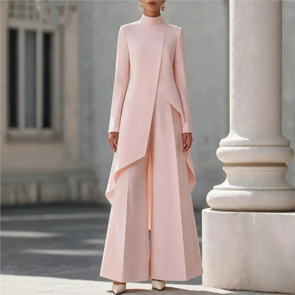 Woman's Autumn Stand Collar Top With Wide Leg Pants Two-piece Set Fashion Solid Irregular Long Top Suit Lady Chic Office Outfit Good Vibrations