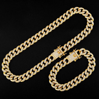 13mm Necklace +Watch+Bracelet Hip Hop Miami Cuban Chain Iced Out Paved Rhinestone CZ Bling Rapper For Men Jewelry KIT Jewelry Good Vibrations