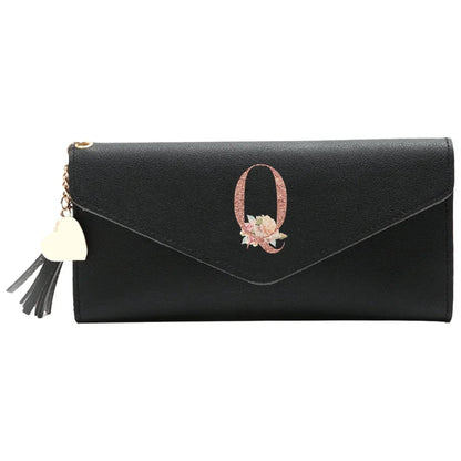 Wallet Black Small Leather Coin Purse Rfid Blocking Wallet Rose Gold Pattern Mini Purse with ID Window for Women Good Vibrations