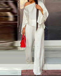 Women's Wide Leg Pants Two Piece Set Fashion Off Shoulder Shirt And Pants Sets Autumn Winter Casual Loose Solid Suit Good Vibrations