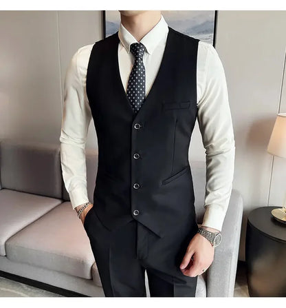 Suit (suit +Vest+Pants) Formal Business Men Four Seasons Professional Fashion Gentleman Solid Color Outdoor British Style Suit