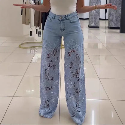 Ladies Sexy Lace Hollowed Out Jeans Summer Retro Solid Color Wide Leg Pant 2025 Casual Crochet Spliced High Waist Trousers New Good Vibrations