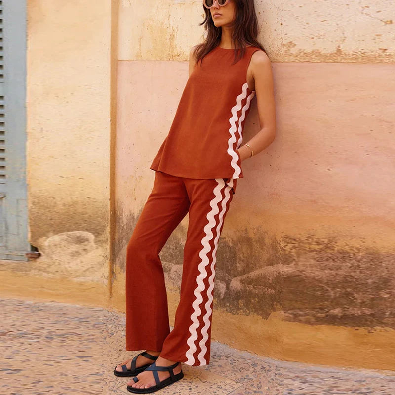 Summer Women Two Piece Set O Neck Sleeveless Printed Vest Shirt Loose Pants Suit Female Matching Sets Good Vibrations