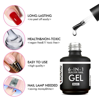 CHUNSHU 6 IN 1 Extension UV Gel Polish In A bottle Builder Nail Gel Rubber Base Coat Semi Permanent Nails Art Self-leveling 15ML Good Vibrations
