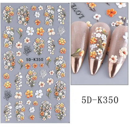 ★★★Colorful 5D Flower Embossed Nail Stickers Fresh Floral Designs Five-Petal Flower Self-Adhesive DIY Nail Art Decals Good Vibrations