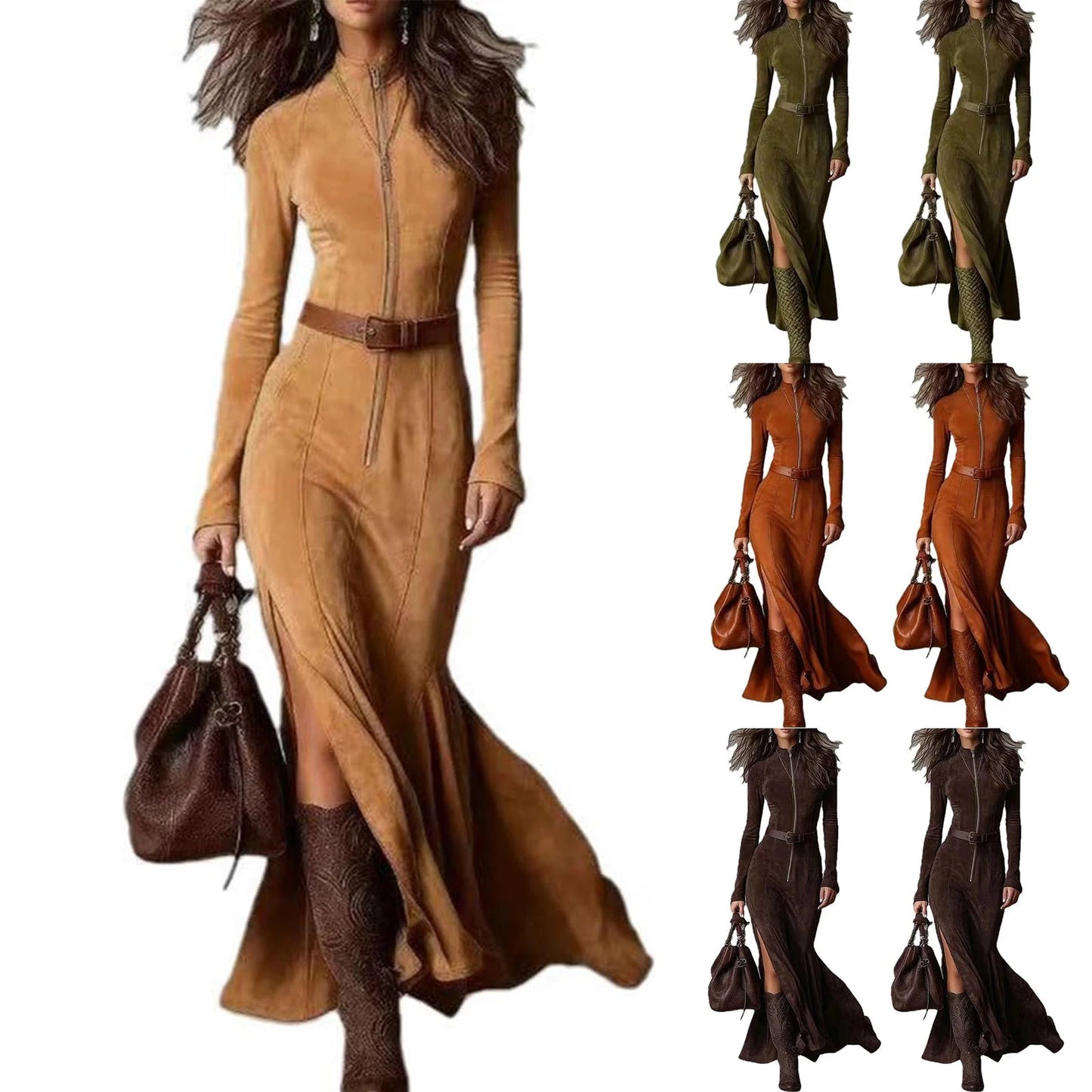 Fashion Western Cowboy Long Dress with Pleated Wrap Design Solid Skinny Flowing Ruffled Hem Maxi Dress Chic Travel Clothes Good Vibrations