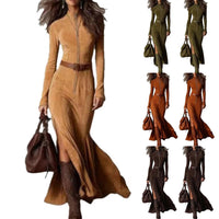 Fashion Western Cowboy Long Dress with Pleated Wrap Design Solid Skinny Flowing Ruffled Hem Maxi Dress Chic Travel Clothes Good Vibrations