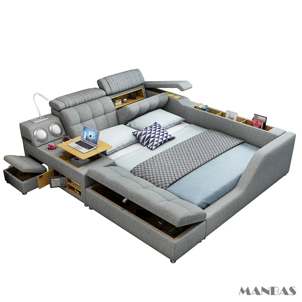 Modern Multi-Functional Tech Smart Bed with Storage, Speakers, USB, Bookshelves, and Tatami – Luxury King/Queen Ultimate Bed Good Vibrations