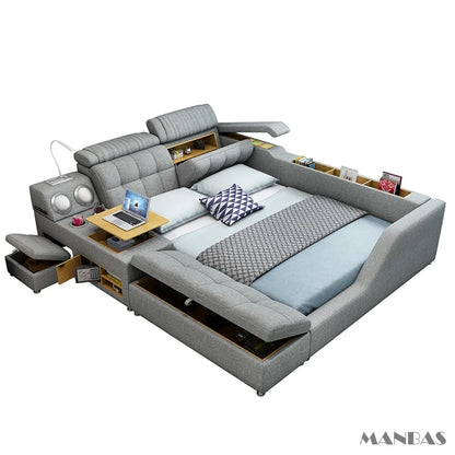 Modern Multi-Functional Tech Smart Bed with Storage, Speakers, USB, Bookshelves, and Tatami – Luxury King/Queen Ultimate Bed Good Vibrations