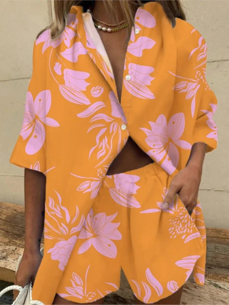 Two Piece Short Sets Women Summer Casual Print Short Sleeve Shirts 2 Piece Set Shorts Fashion Loose Office Shirts Suit Outfites Good Vibrations