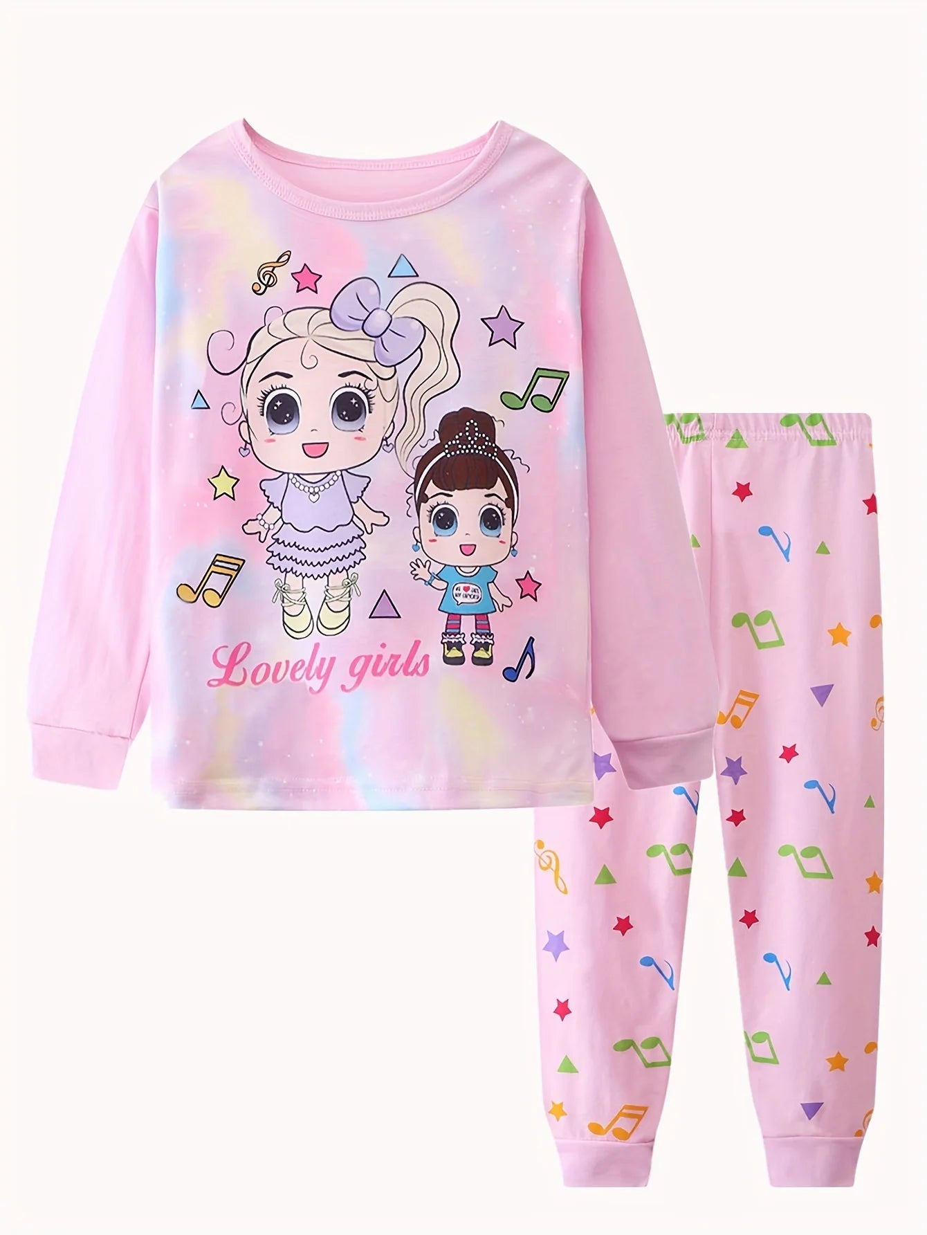 2pcs Girls Casual Cartoon Unicorn Print Crew Neck Pink Cotton Pajama Sets Good Vibrations