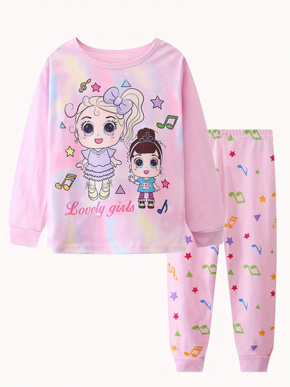 2pcs Girls Casual Cartoon Unicorn Print Crew Neck Pink Cotton Pajama Sets Good Vibrations
