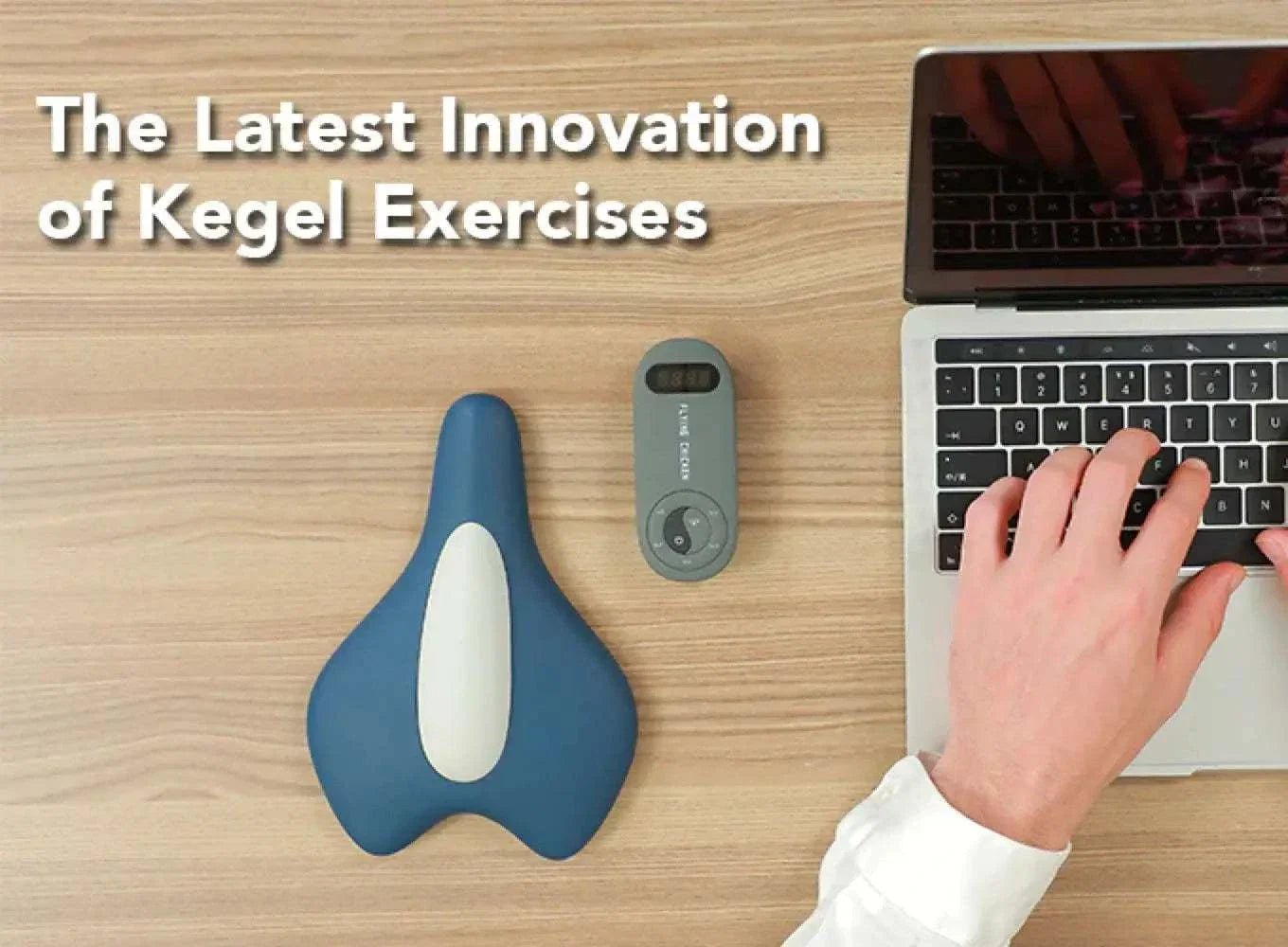 Bicycle seat look-alike massager for men and women on desk with laptop.