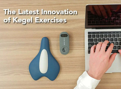Bicycle seat look-alike massager for men and women on desk with laptop.