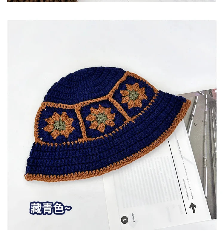 2024 Spring New Crochet Hat Korean Handmade Bucket Hat Women's Weaving Knitted Hat Y2k Fashion Flowers Autumn Winter Ins Beanies Good Vibrations