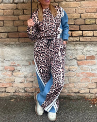 Fashion Women's Two-Piece Set Leopard Pattern Stripe Print Long Sleeve Pullover Drawstring Denim Pants Casual Pants Set Good Vibrations