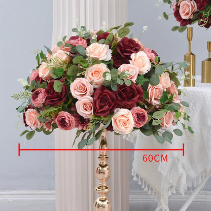 Uflower Red Rose Green Leaf Artificial Flowers Row Arrangement Wedding Table Center Flower ball Event Party Backdrop Decor Props Good Vibrations