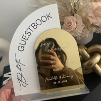 Audio Guestbook Sign,Photo Guestbook Sign,Arched Gold Mirrored Acrylic Wedding Decor,Frosted Acrylic Sign,Wedding Table Decor Good Vibrations