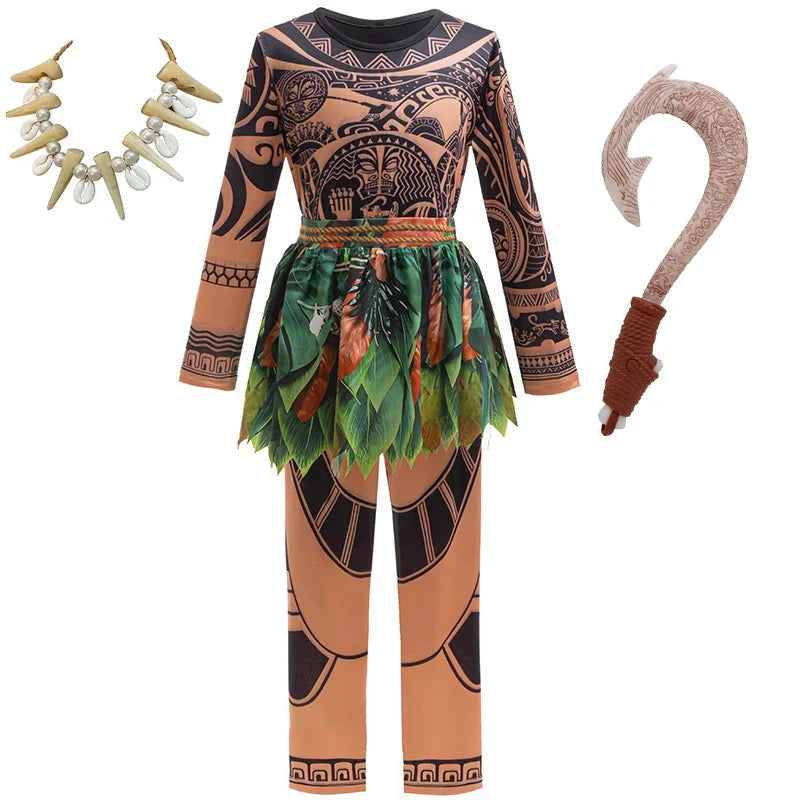 Disney Moana 2 Maui Cosplay Jumpsuits Tattoo Costume Boys Girls Maui Print Leaf Suits Movie Character Halloween Costume 2-10Yrs Good Vibrations