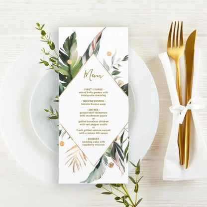 Customizable Wedding Menu, Personalized Wedding Menu, Green leaves and Flowers Menu Cards for Wedding, Custom Wedding Table Menu Good Vibrations