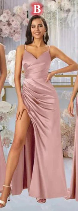 Rose Gold Bridesmaid Dreses Pleat Mermaid High Split Long Customized Spaghetti Straps Sheath Maid Of Honor Wedding Party Dress Good Vibrations