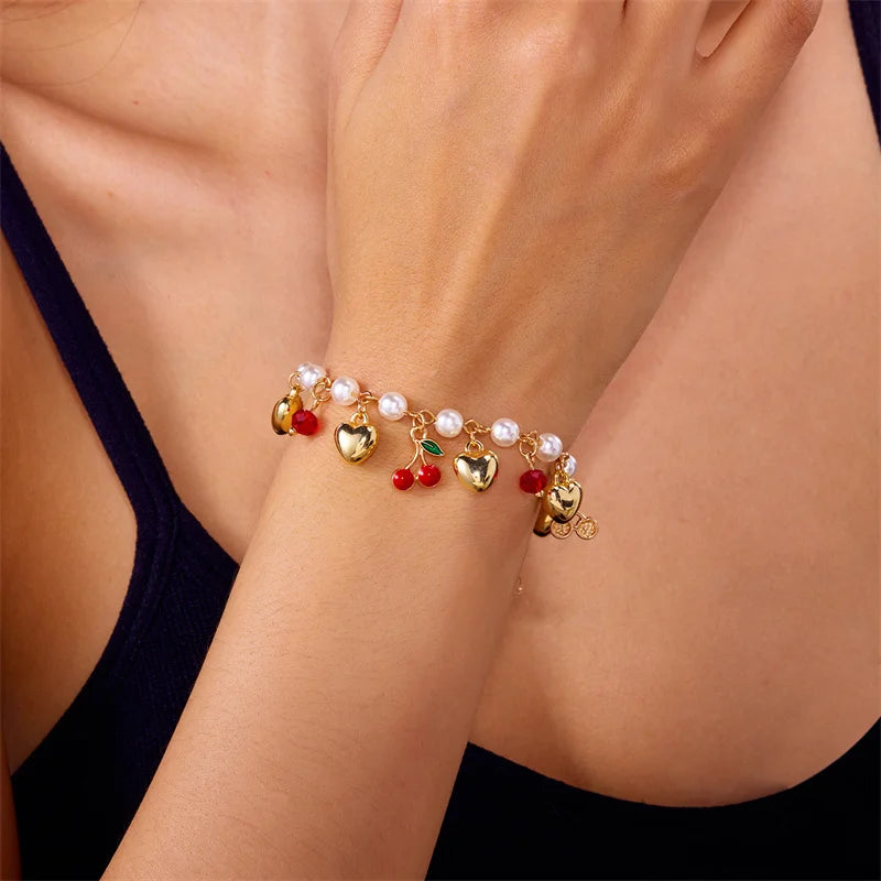 Charm Red Strawberry Bracelet For Women Cute Cherry Heart Shape Fruit Pearl Metal Chain Wristband Girls Party Friendship Jewelry Good Vibrations