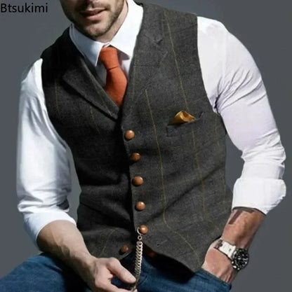 2025 Men's Formal Vests Lapel Tweed Plaid V-neck Waistcoat Slim Vest Business Formal Dress Suit Casual Wedding Tuxedo Male Vest Good Vibrations