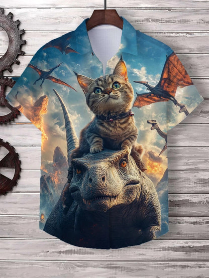 Men's Cat Graphics Shirts Short Sleeved Button Down Lapel Shirt For Summer Oversized Tops Vacation Casual Hawaiian Shirts Good Vibrations