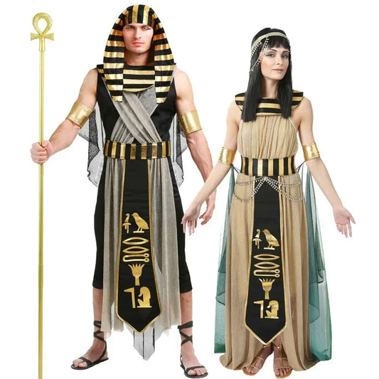 Couple wearing Halloween Ancient Egypt themed Egyptian Pharaoh and Cleopatra costumes for cosplay and parties