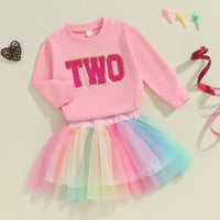 Citgeett Autumn Kids Toddler Girl Birthday Outfit Letter Embroidery Long Sleeve Sweatshirt Rainbow Tulle Skirt Set Fall Clothes Good Vibrations