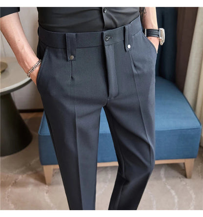 Mens Suit Pants 2025 Autumn New British Style Elastic Waist Solid Casual Formal Dress Pants Slim Fit Trousers for Men Clothing Good Vibrations