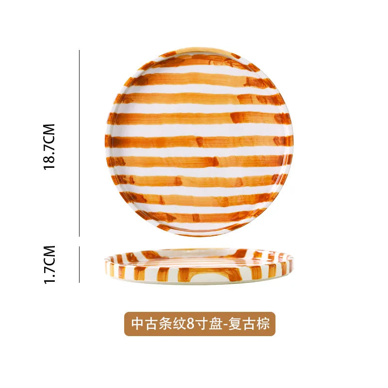 Ceramic Coffee Mug Three-piece Set Hand-painted Striped Mug Afternoon Camellia Tea Mug Breakfast Milk Oatmeal Mug Cake Plate New Good Vibrations