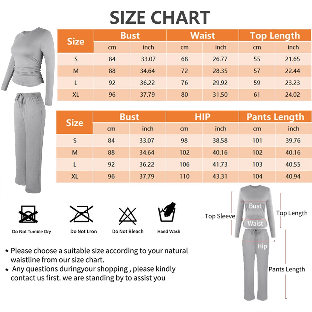 Women drawstring Set Soft Home Clothes Wide-leg Pant Long Sleeve Round Neck Top Comfortable Yoga Outfit Pullover Sleepwear 2025 Good Vibrations