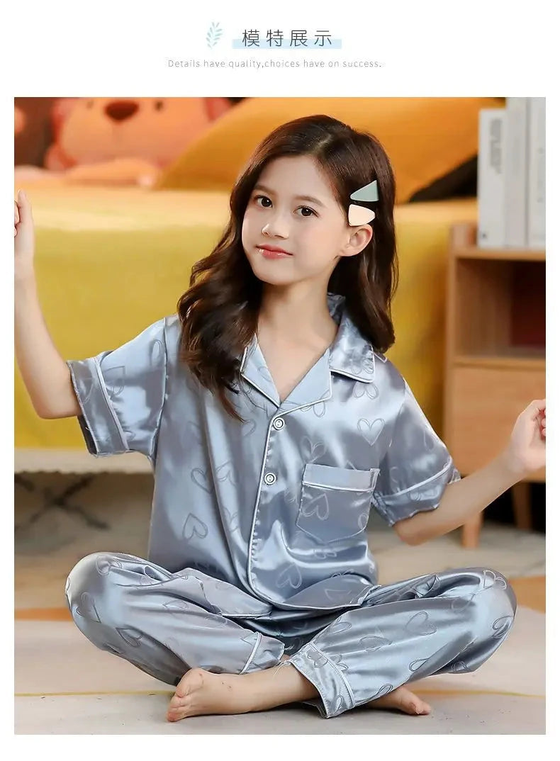 New Kids Spring Autumn Silk Satin Pajamas Set Girls Cartoon Button-Down Long Sleeve 2 Pieces Tops+Pants Sleepwear Pyjama Clothes Good Vibrations