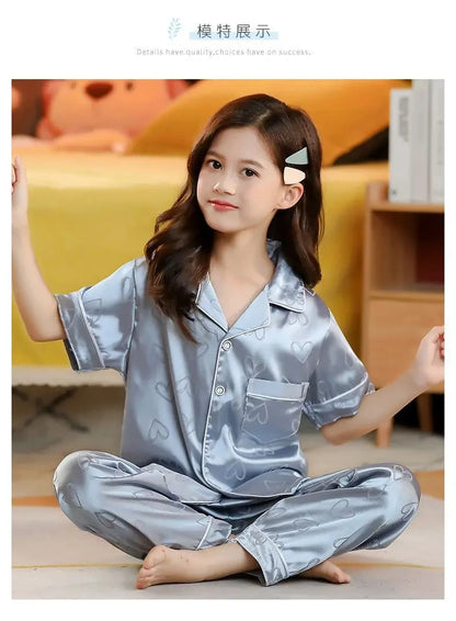 New Kids Spring Autumn Silk Satin Pajamas Set Girls Cartoon Button-Down Long Sleeve 2 Pieces Tops+Pants Sleepwear Pyjama Clothes Good Vibrations