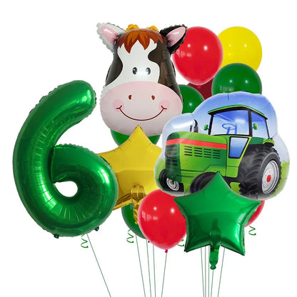 14pcs Farm Themed Tractor Milk Cow Head Balloon 32 inch Green Number Birthday Balloon Set Festive Party Decoration Birthday Gift Good Vibrations